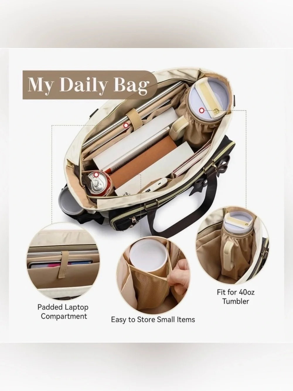 Black and Cream Women’s Organizer Tote Bag